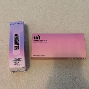 Urban Decay All Nighter makeup Spray and Naked Shaped Palette in Pink and Purple